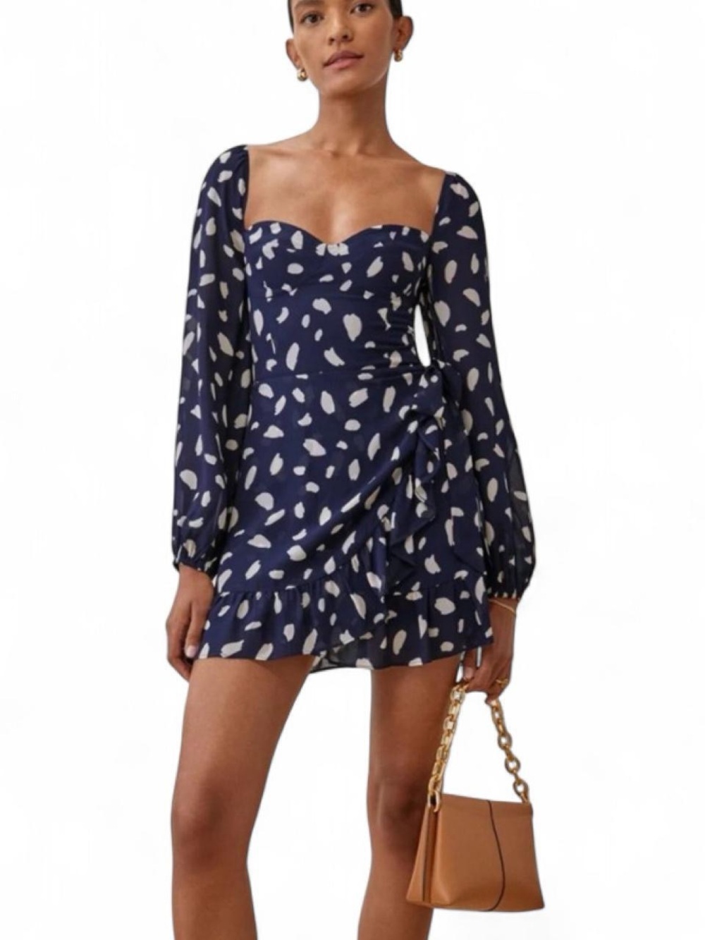 Reformation Navy and White Long Sleeve Ruffle Mini Dress
